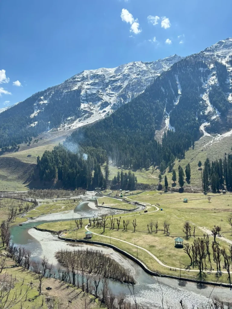 Lidder River winding through Betaab Valley below snowy peaks, Pahalgam