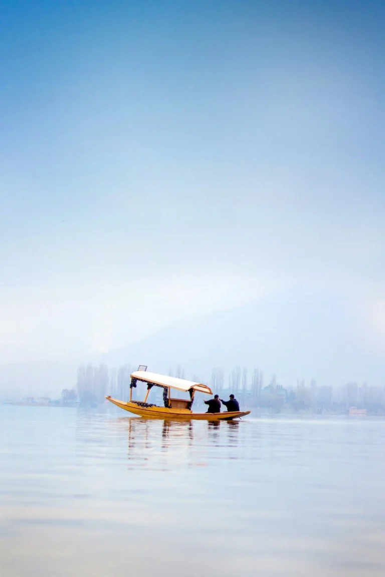 A lone shikara crossing Dal Lake on a misty winter morning