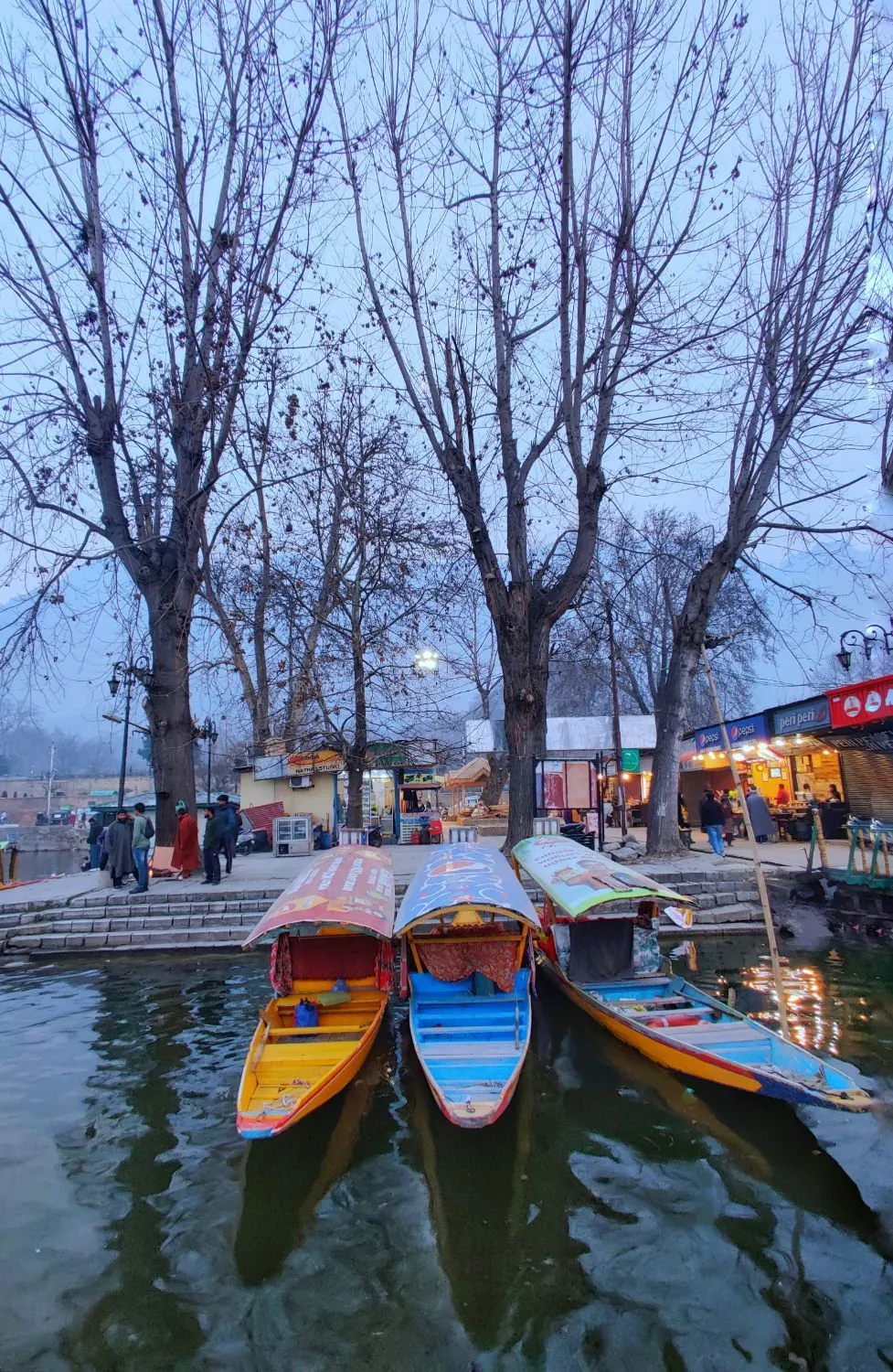 Three shikaras at a Dal Lake ghat on a winter evening, Srinagar