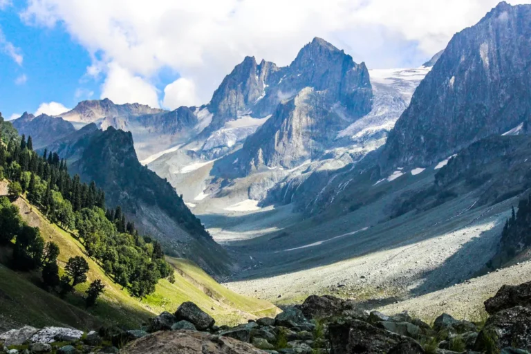 Glaciers above a high mountain valley in Kashmir