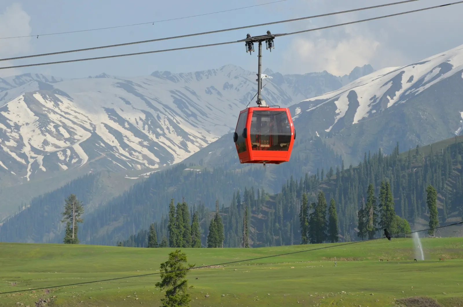 Red Gulmarg Gondola cabin above green meadows and snowy peaks in summer