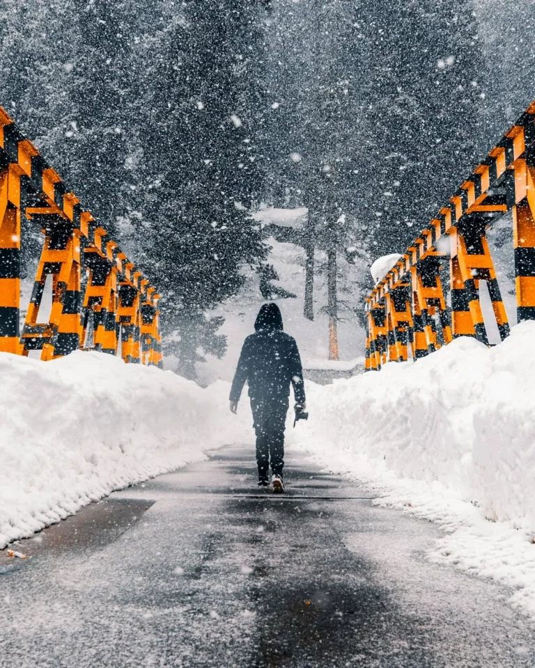 Walking across a bridge in heavy snowfall, Kashmir