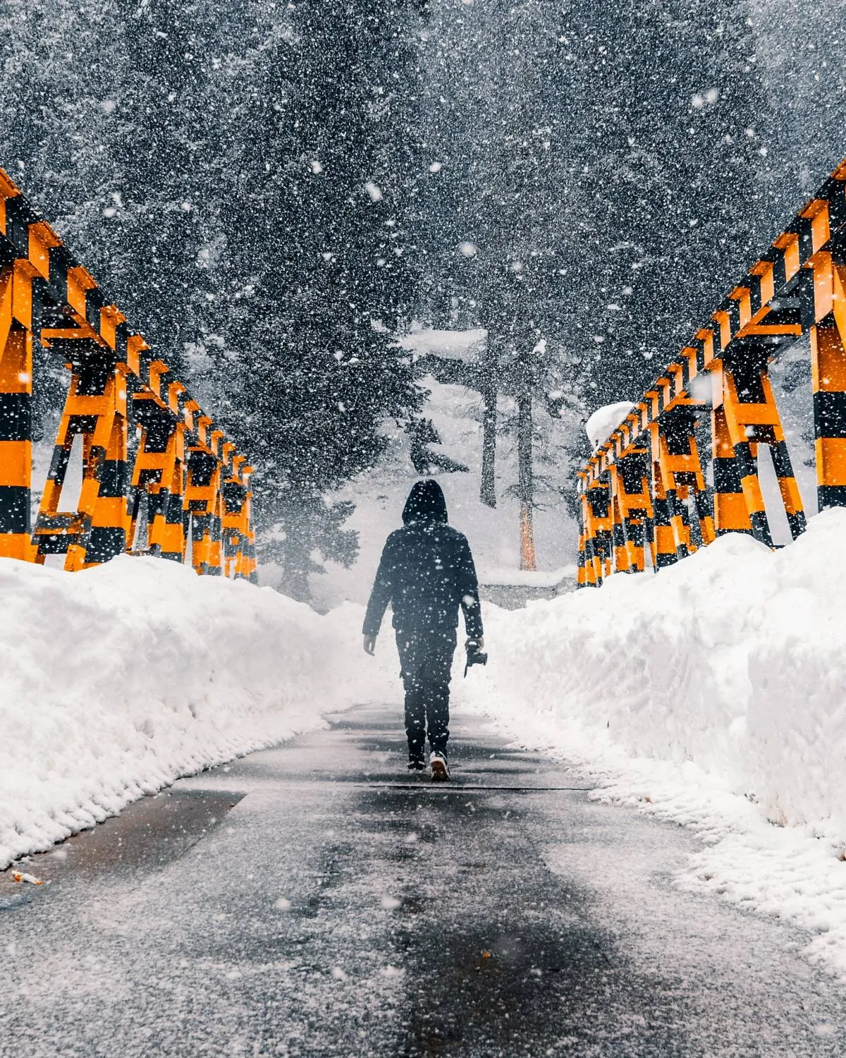 Walking across a bridge in heavy snowfall, Kashmir